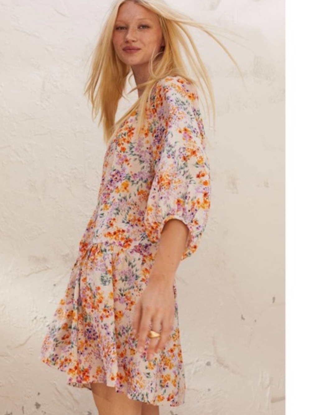 H&M Floral White Dress with Orange and Purple Accents